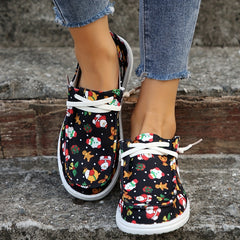Women's Christmas Printed Lace up Non slip Sneakers Low Slip On Walking Shoes