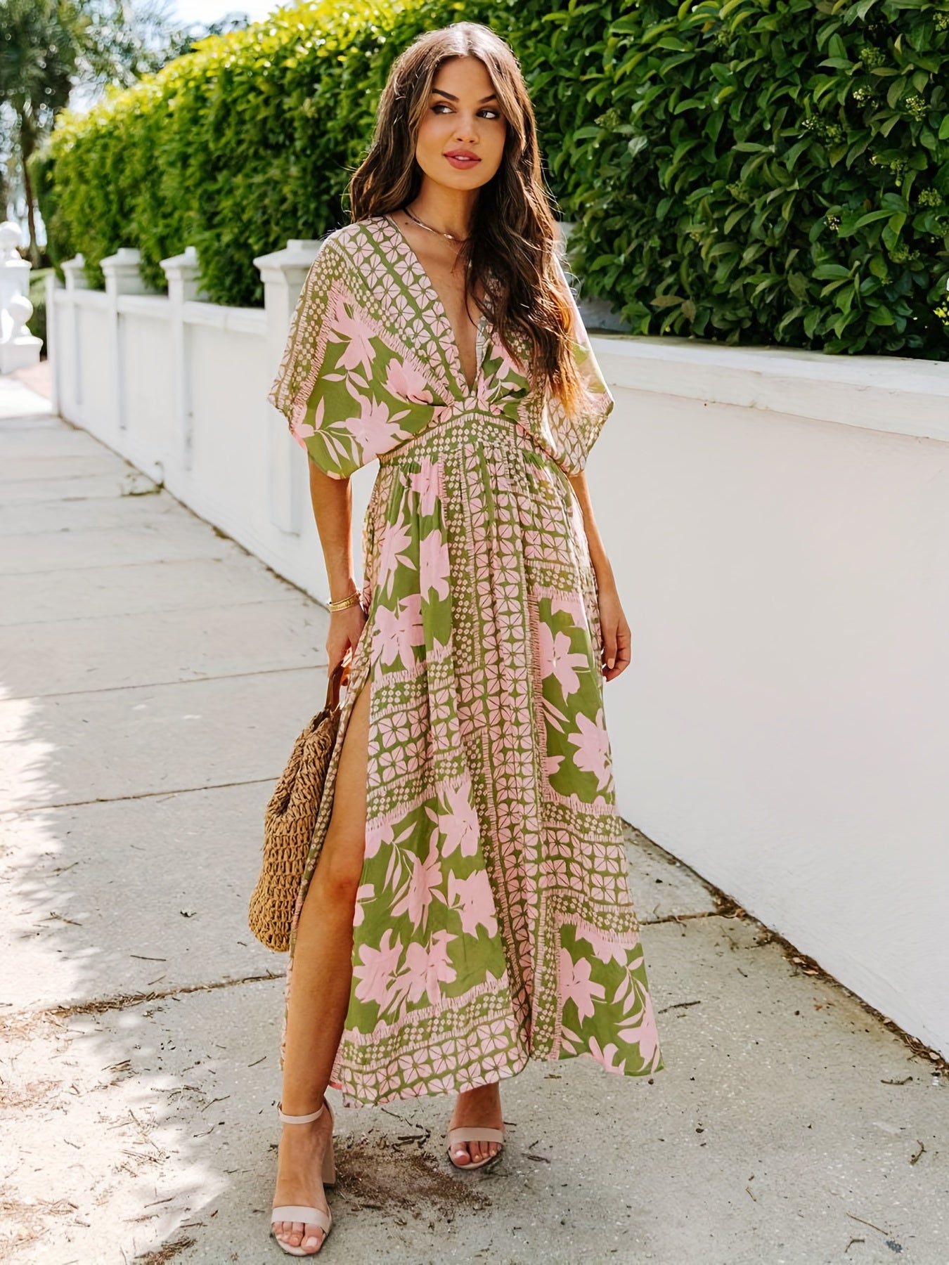 Floral Print Split Thigh Dress Vacation Plunging Maxi Dress