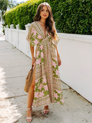 Floral Print Split Thigh Dress Vacation Plunging Maxi Dress