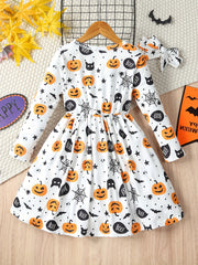 Girls Comfy & Ghost Graphic Long Sleeve Dress Halloween Outfit