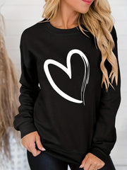 Heart Print Sweatshirt Crew Neck Long Sleeve Casual Top
