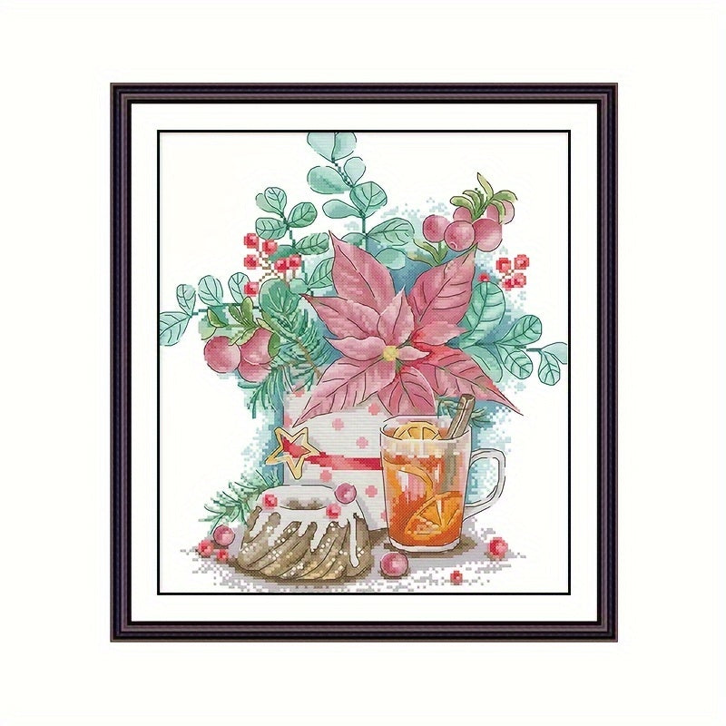 Christmas Cross Stitch 14CT Cloth Bouquet Lemon Tea Flowers DIY