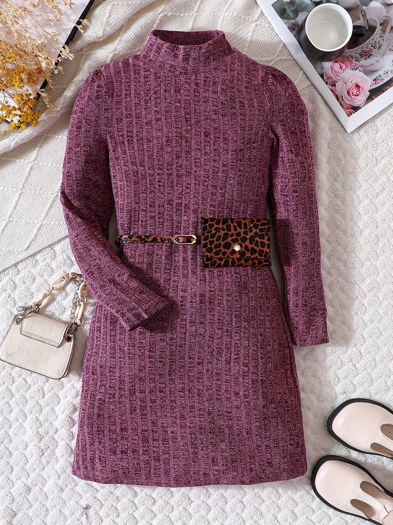 Girls' Stand Collar Knitted Dress Holiday Party Outfit