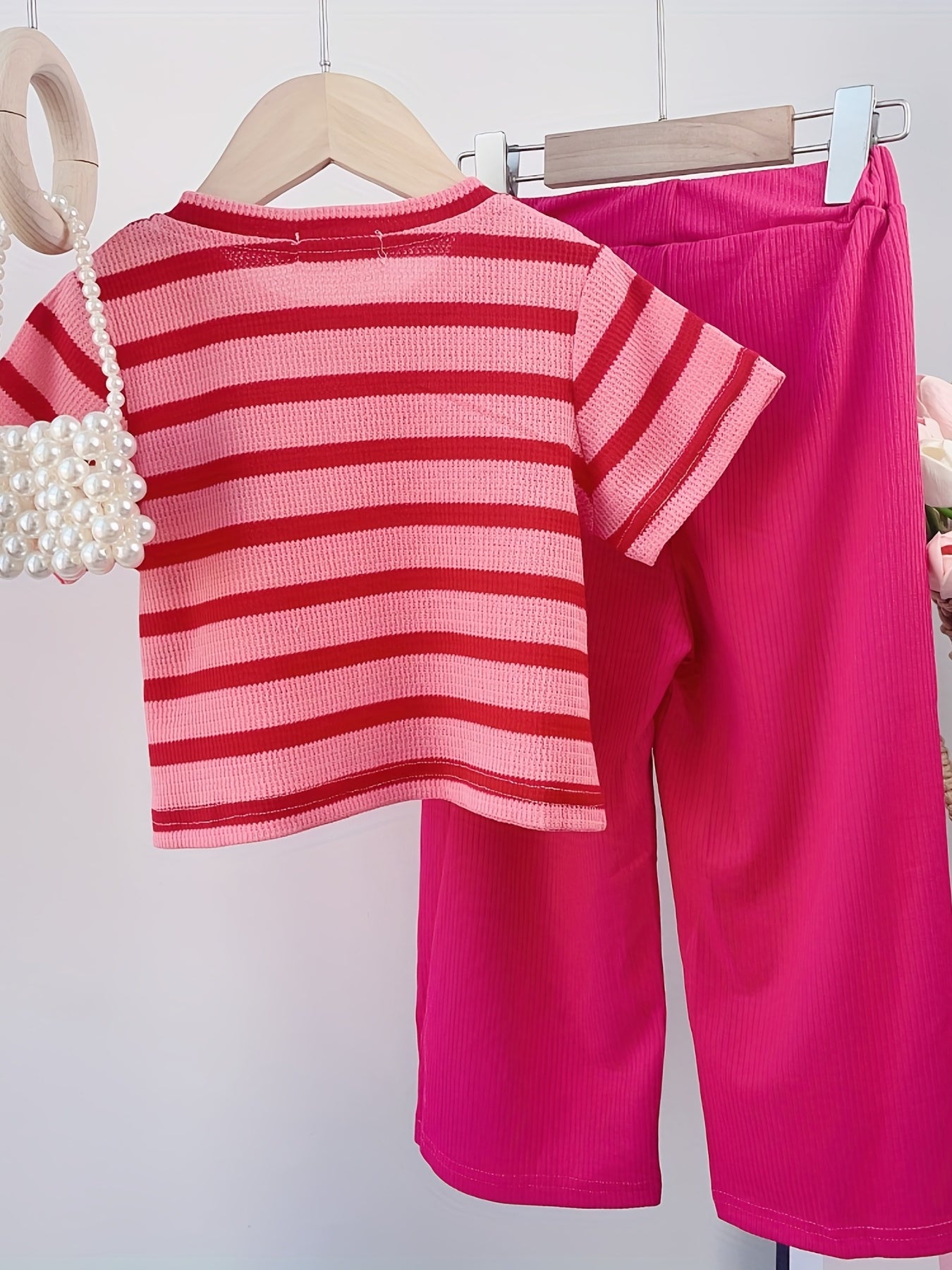 Toddler Girl's Cable Knit 2pcs Stripe Pattern T shirt & Ribbed Pants Set