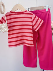 Toddler Girl's Cable Knit 2pcs Stripe Pattern T shirt & Ribbed Pants Set
