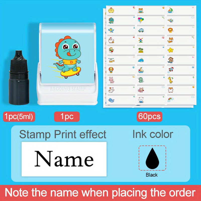 Dinosaur Stamp & 60 Stickers Custom Name Stamp DIY Name Label