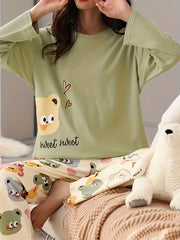 Bear Print Pajama Set Long Sleeve Top & Pants Women's Sleepwear
