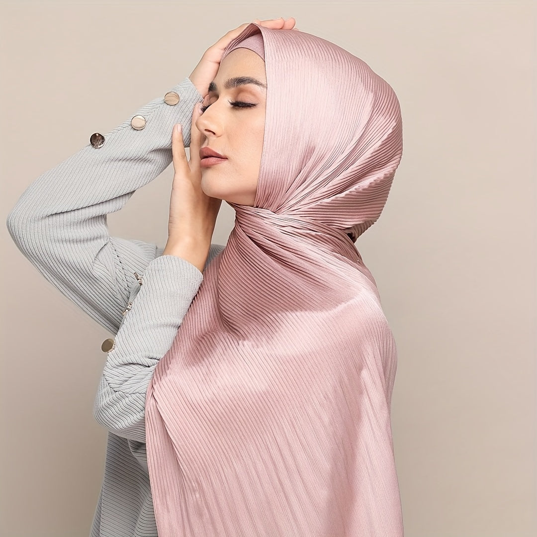 Bright Satin Hijab Pleated Head Scarf Silk Shawl Turban