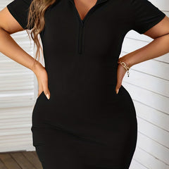 Solid Half Zipper Short Sleeve Bodycon Tee Dress