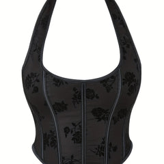 Floral Pattern Bustier Mesh Halter Top for Summer