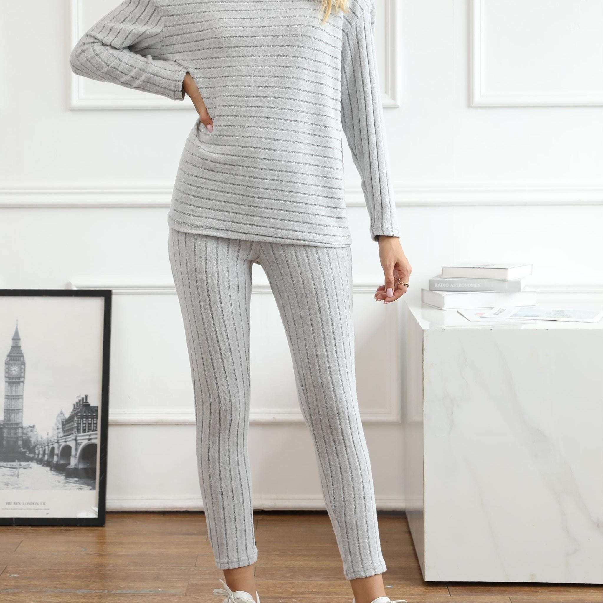 Ribbed Two Piece Set Long Sleeve Turtleneck Top & Slim Pants Outfits