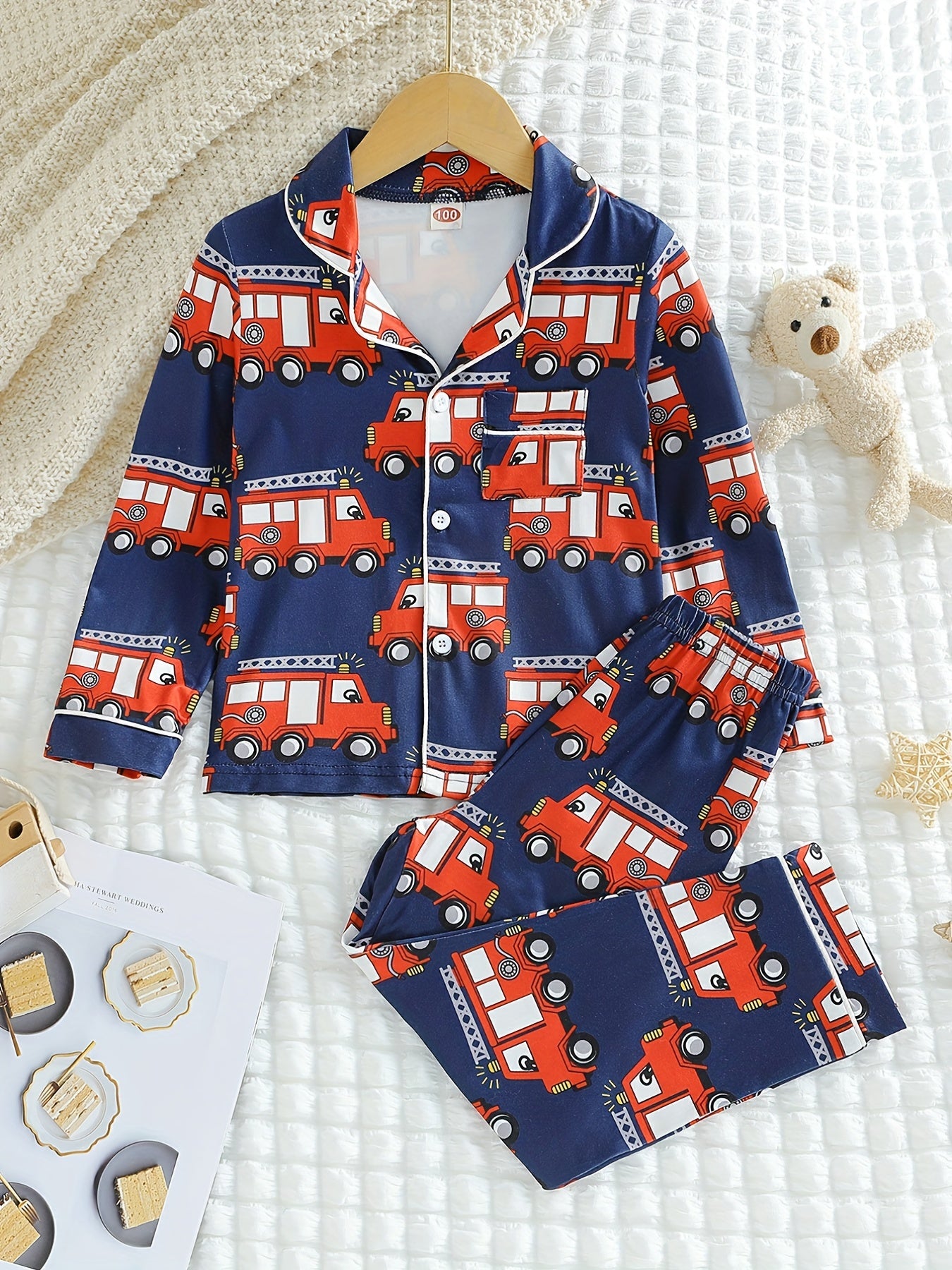 Boys Fire Truck Print Pajama Set Long Sleeve Button Front Loungewear