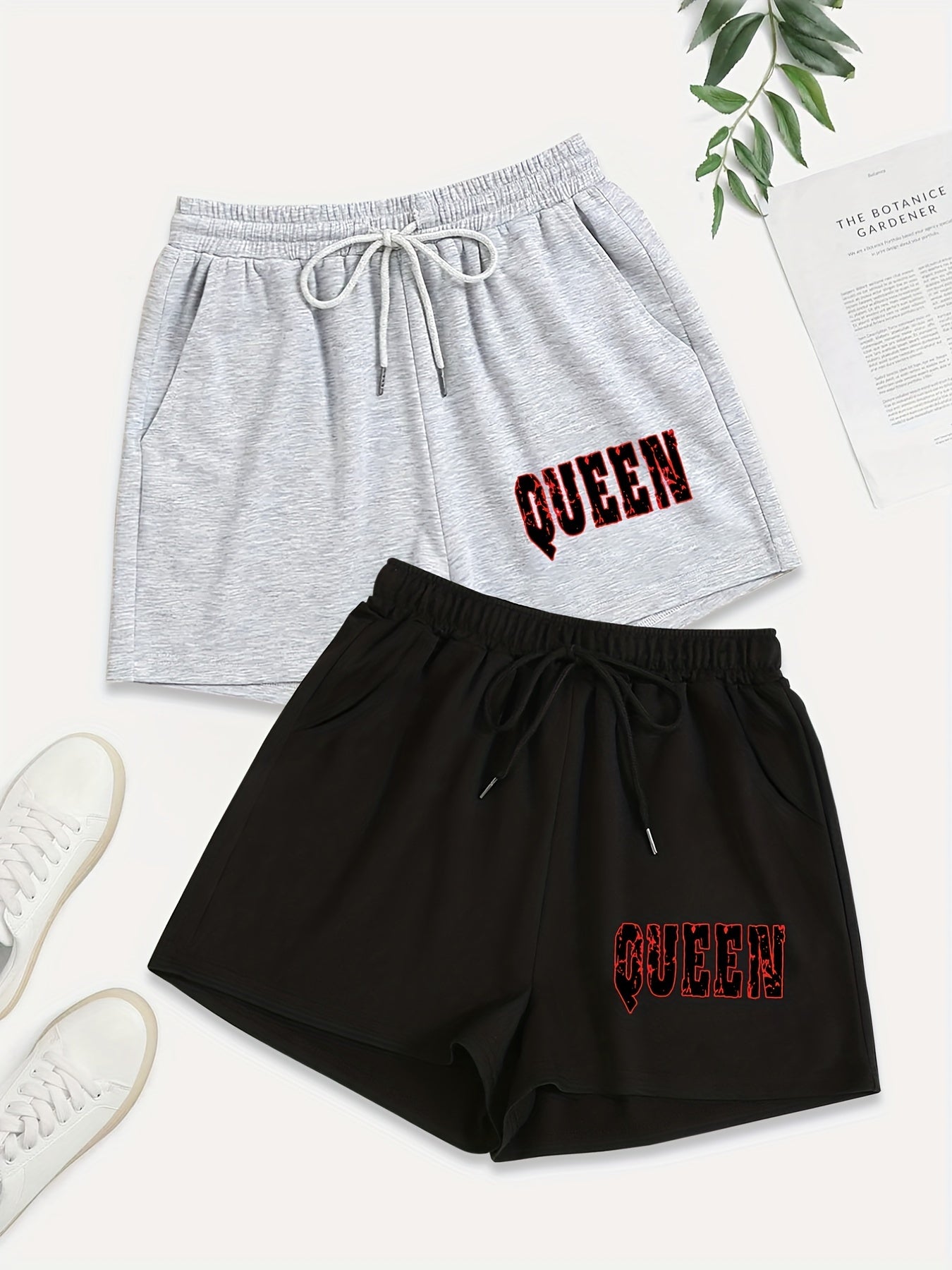 2 Pack Sporty Plus Size Shorts Set Women's Art Print Elastic Waist Drawstring
