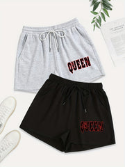 2 Pack Sporty Plus Size Shorts Set Women's Art Print Elastic Waist Drawstring