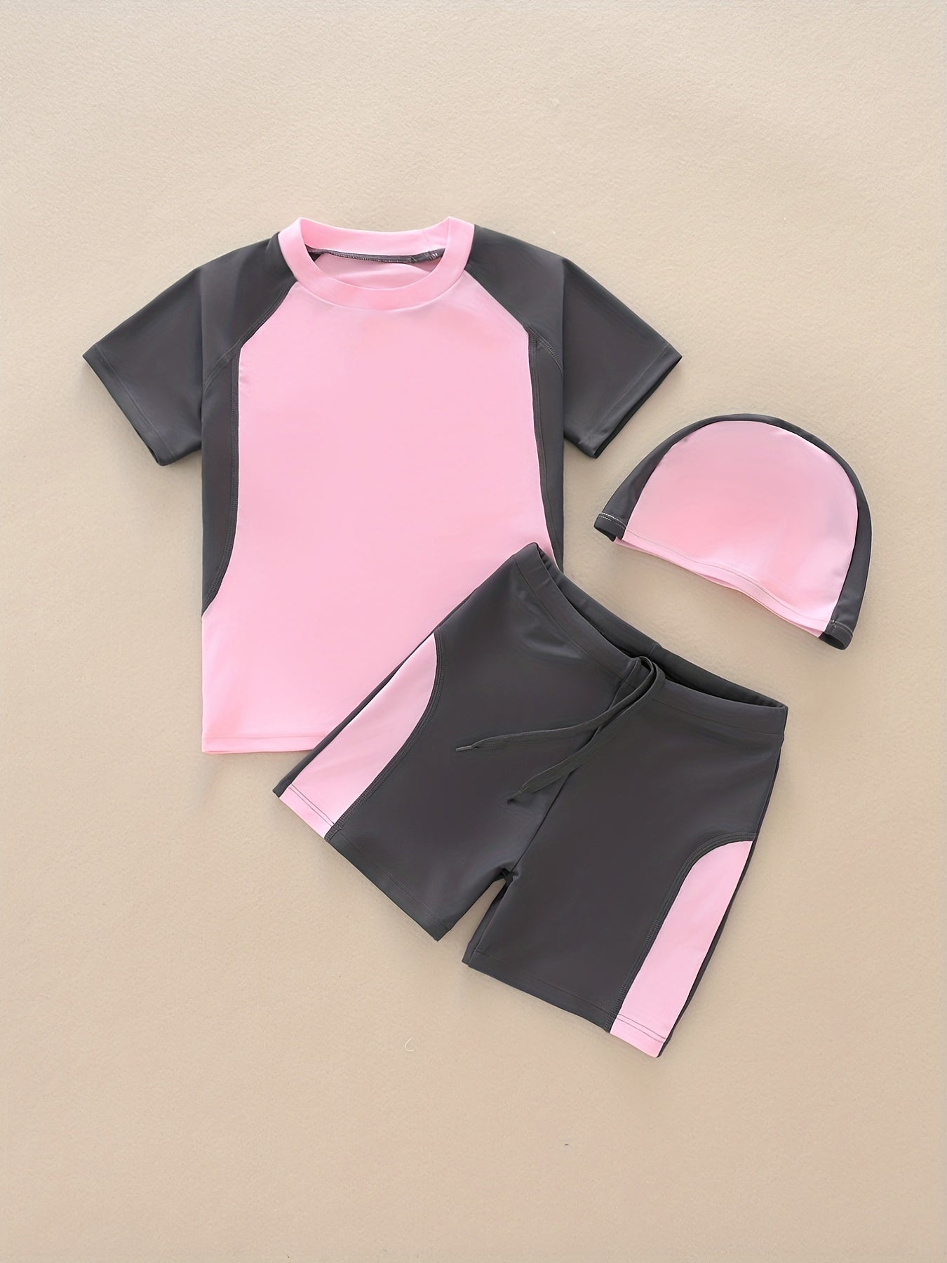 Girl's 3pcs Swimsuit, T-shirt, Cap & Shorts Set for Beach Vacation
