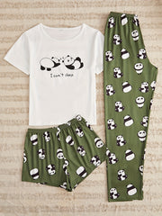 Panda Print Pajamas Set Short Sleeve Top & Shorts - Women's Sleepwear