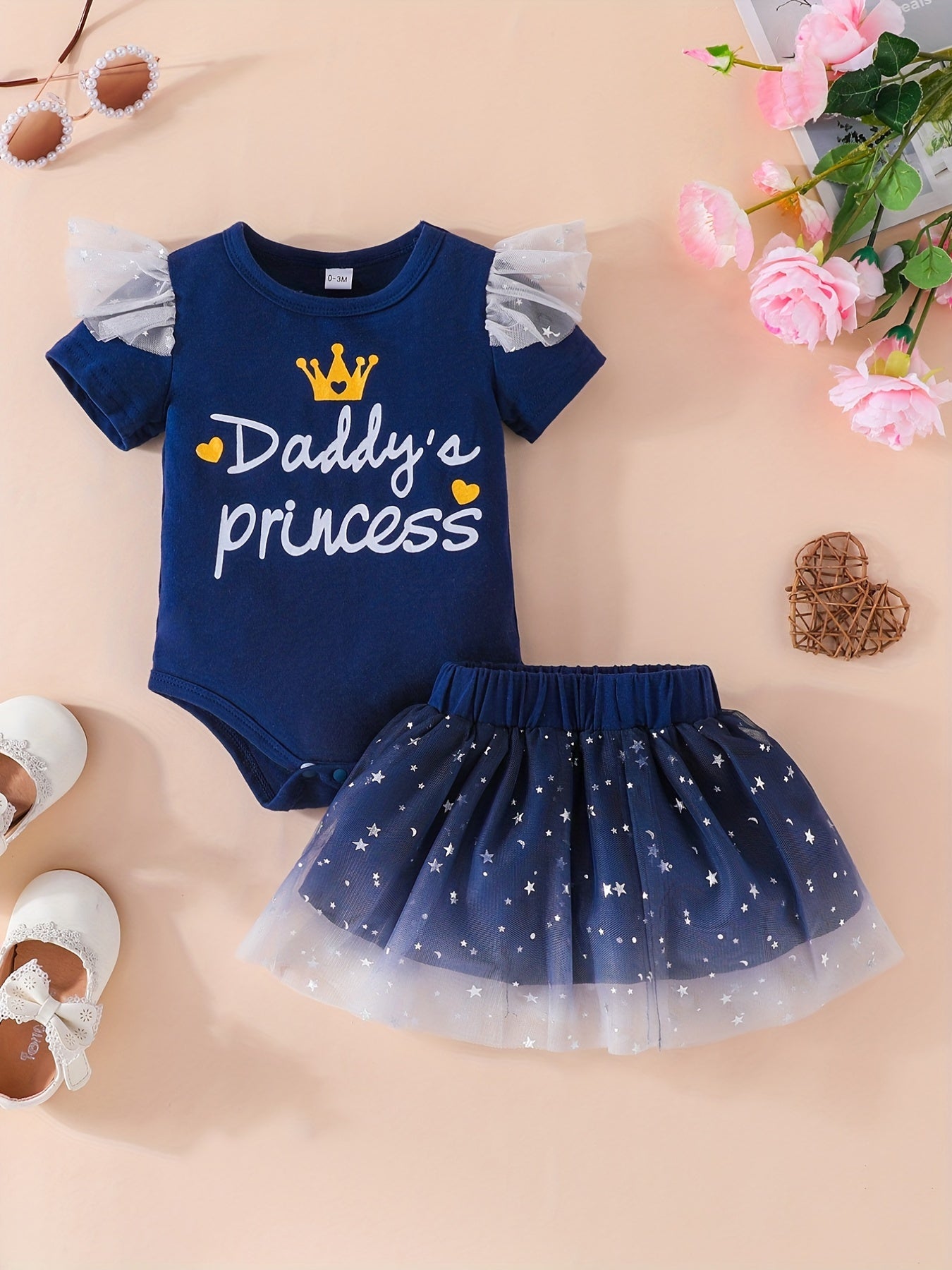 2pcs Baby Girls Casual Flying Short Sleeve Onesie Mesh Skirt
