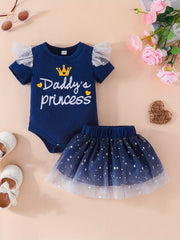 2pcs Baby Girls Casual Flying Short Sleeve Onesie Mesh Skirt