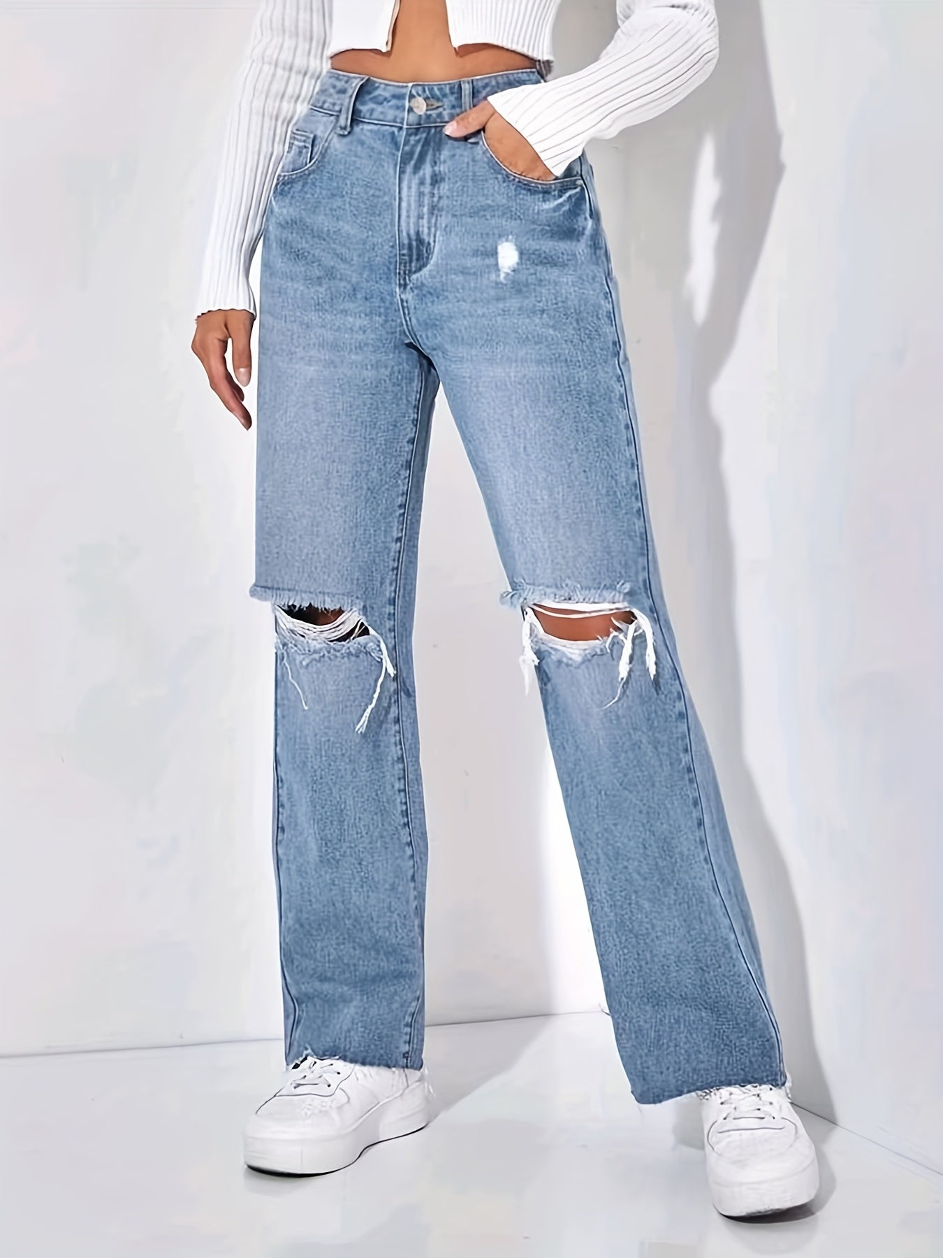 Frayed Trim Straight Jeans Boyfriend Style Wide Legs