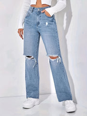 Frayed Trim Straight Jeans Boyfriend Style Wide Legs