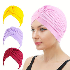Candy Pleated Turban Cap Head Wrap Elastic Hijab Hat Beanie Chemo Hats