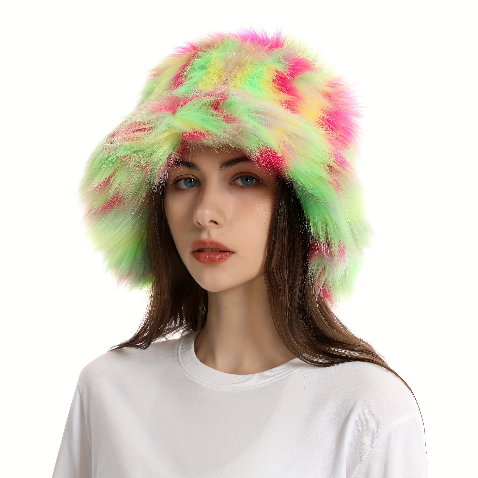 Y2K Candy Faux Fur Bucket Hat Unisex Hip Hop Cap