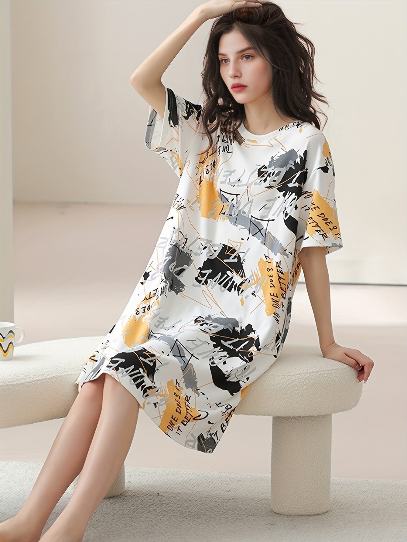 Comfy Short Sleeve Nightdress Crew Neck Pajama