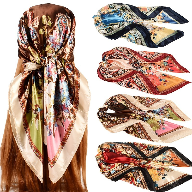 Flower Printed Satin Square Scarf Lightweight Headscarf Bandana