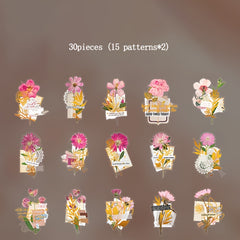 30pcs Retro Realistic Flower Bookmarks Hot Stamping Stickers