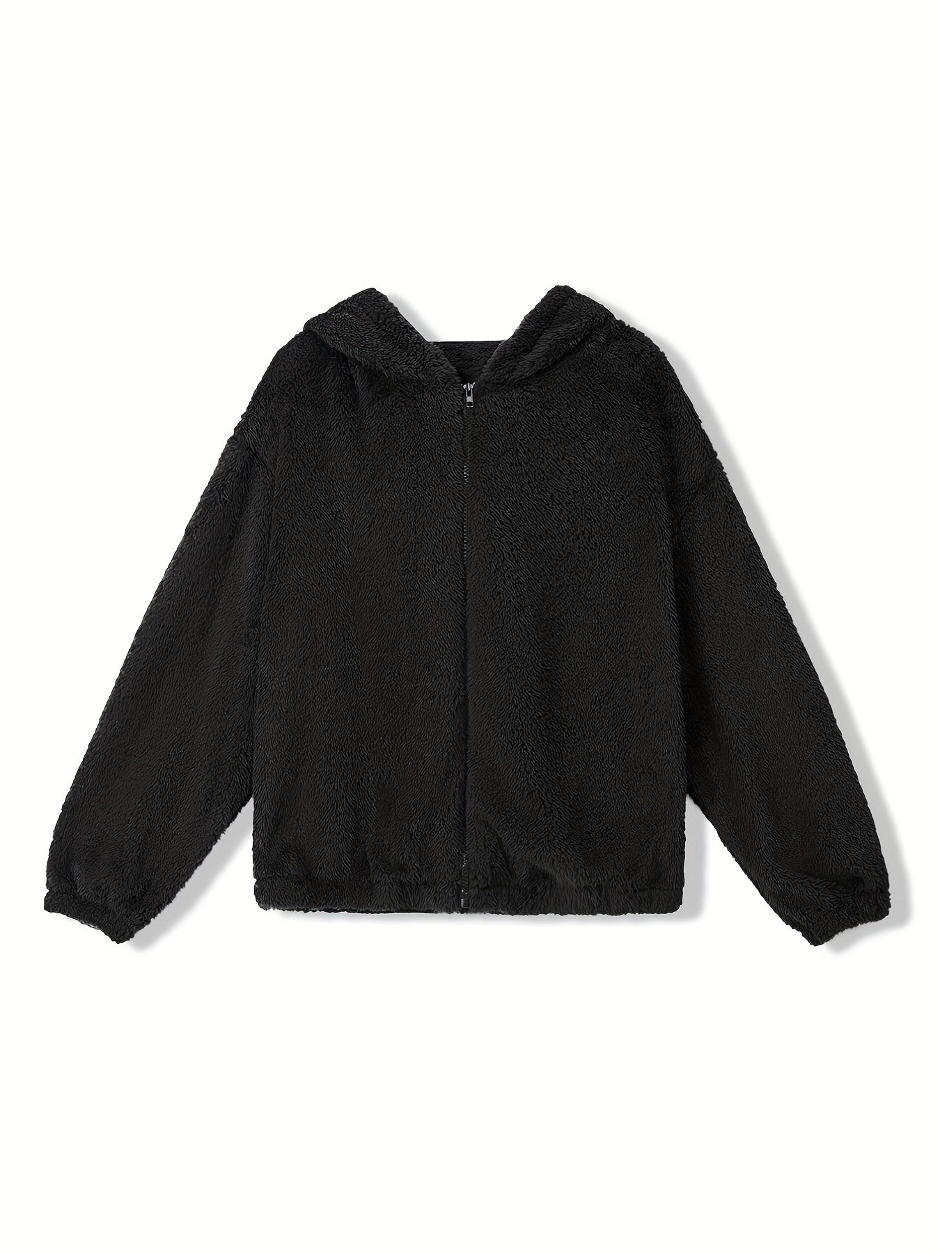 Solid Teddy Hooded Jacket Casual Zip Up Long Sleeve Outerwear