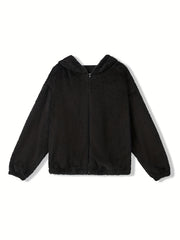 Solid Teddy Hooded Jacket Casual Zip Up Long Sleeve Outerwear