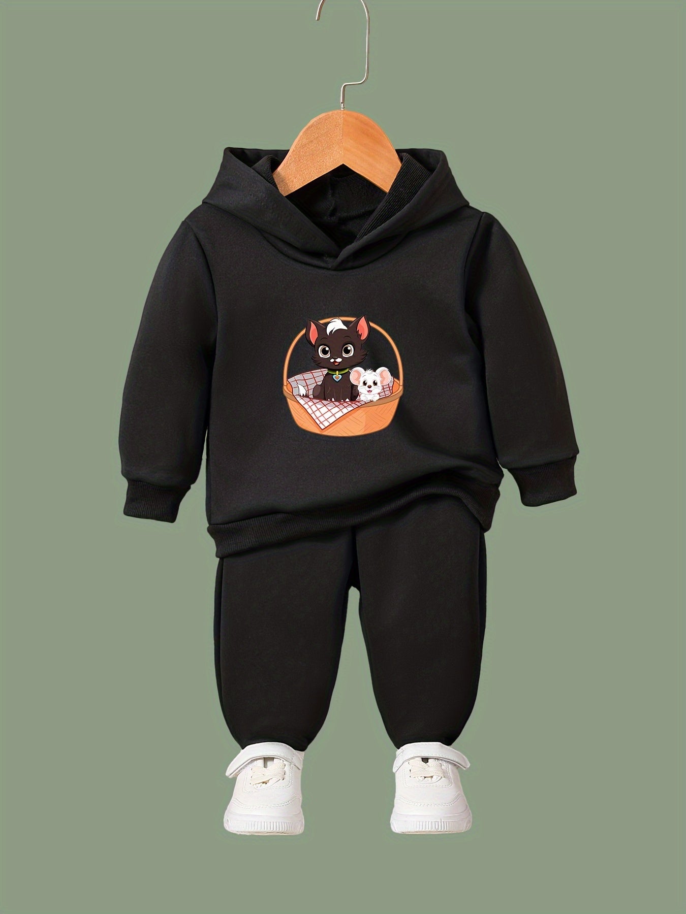 Kid's Cat & Mouse Print Hoodie & Pants Set Girl's Sporty Clothes