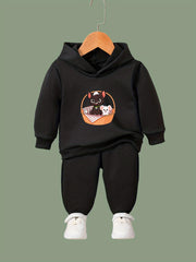 Kid's Cat & Mouse Print Hoodie & Pants Set Girl's Sporty Clothes
