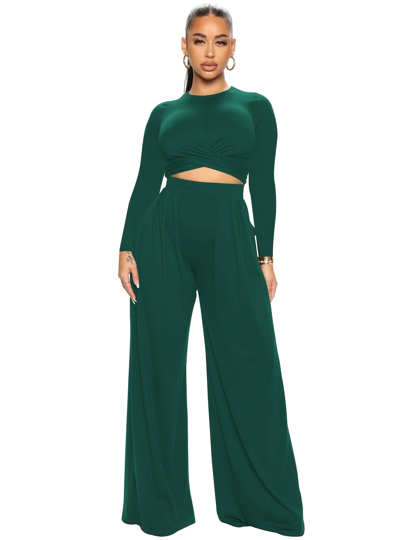 Solid Two Piece Set Crop Top & Wide Leg Pants Outfits Women's Clothing