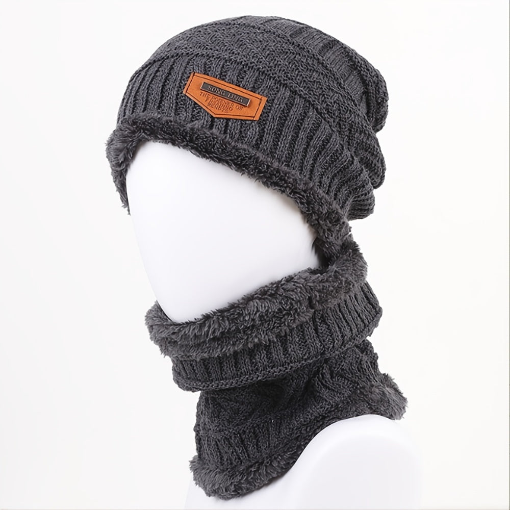 Men's Wool Knitted Plus Fleece Thick Hat Scarf