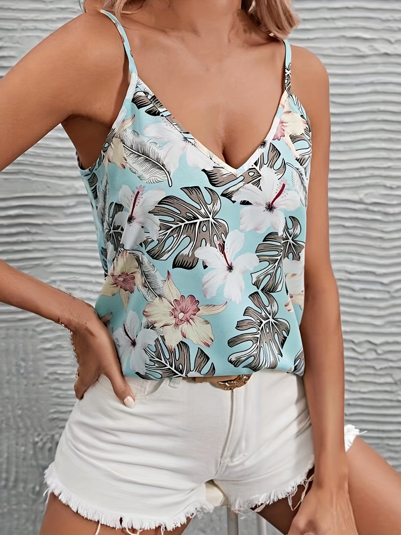 Tropical Print Spaghetti Strap Top Casual V-Neck Sleeveless Cami Top