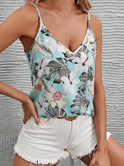 Tropical Print Spaghetti Strap Top Casual V-Neck Sleeveless Cami Top