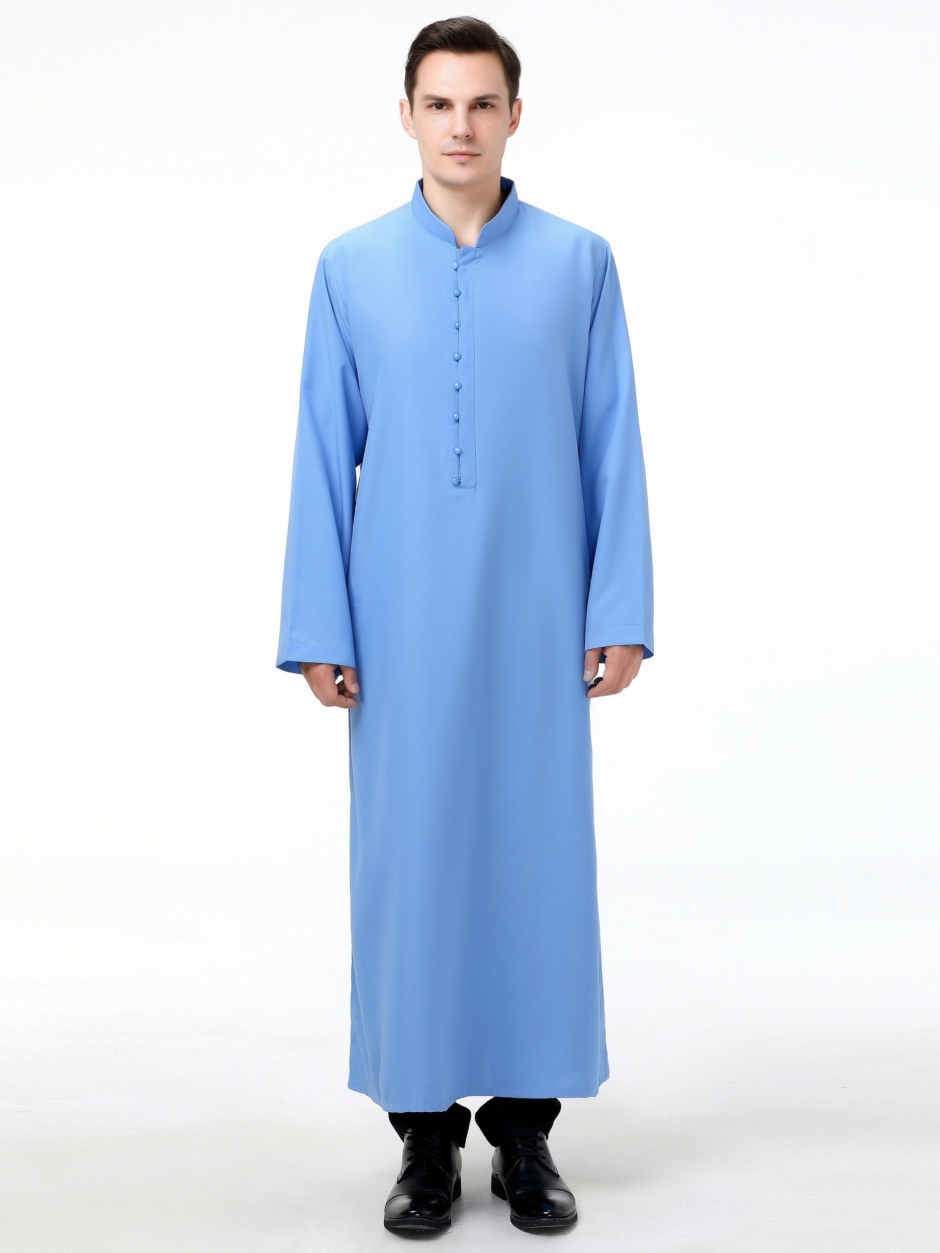 Islamic Arabic Kaftan Men Long Sleeve Solid Band Collar Muslim Clothes Vintage