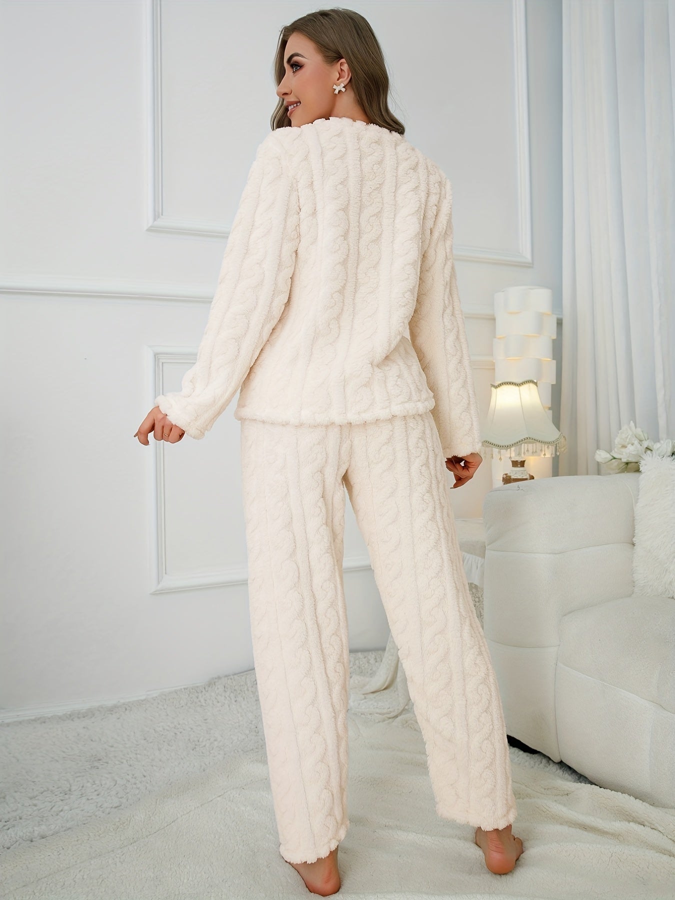 Textured Plush Lounge Set Long Sleeve Crew Neck Top & Casual Pants