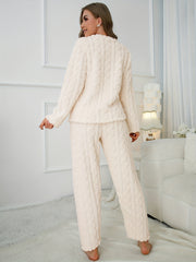 Textured Plush Lounge Set Long Sleeve Crew Neck Top & Casual Pants