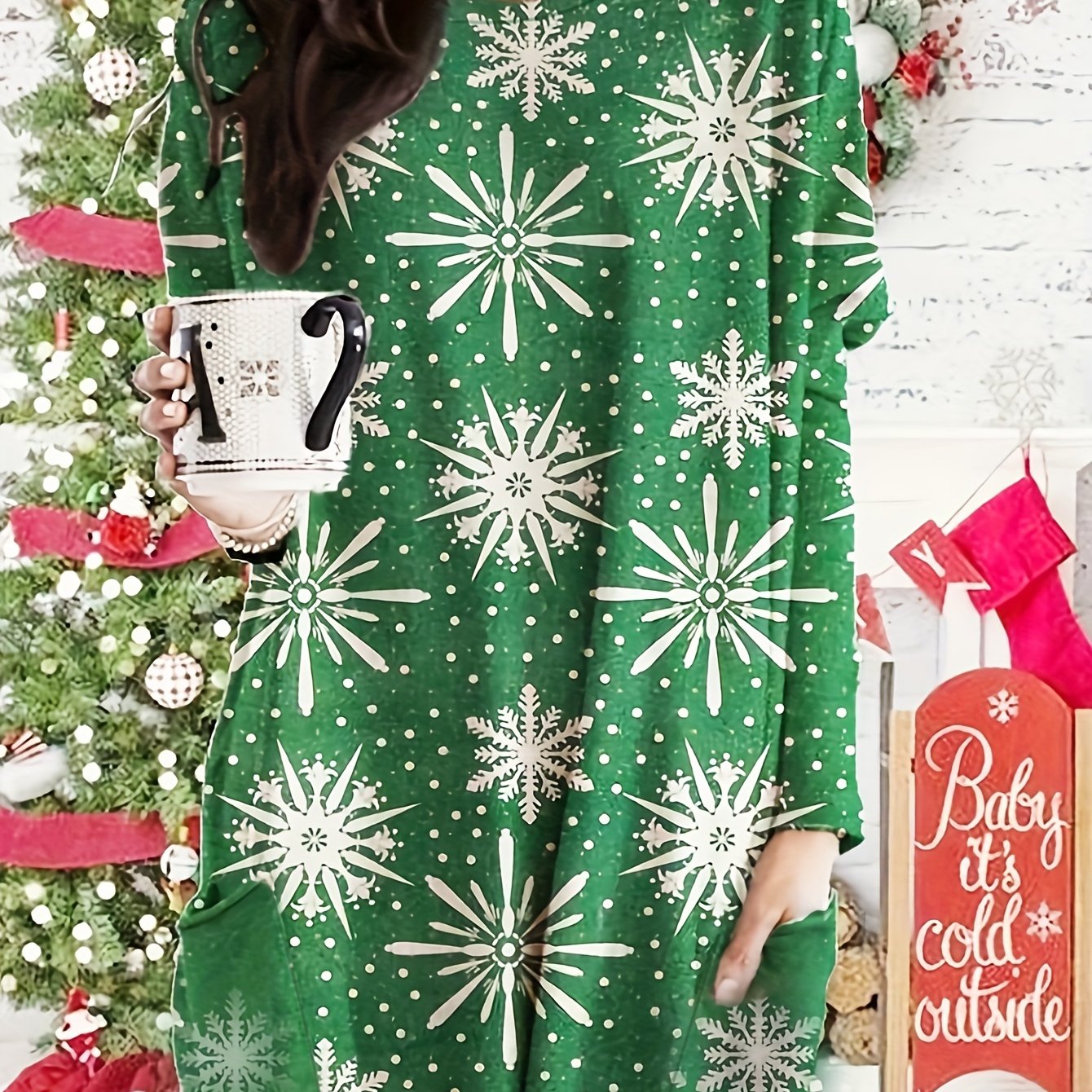Women's Snowflake Print Long Sleeve Mini Dress With Pockets
