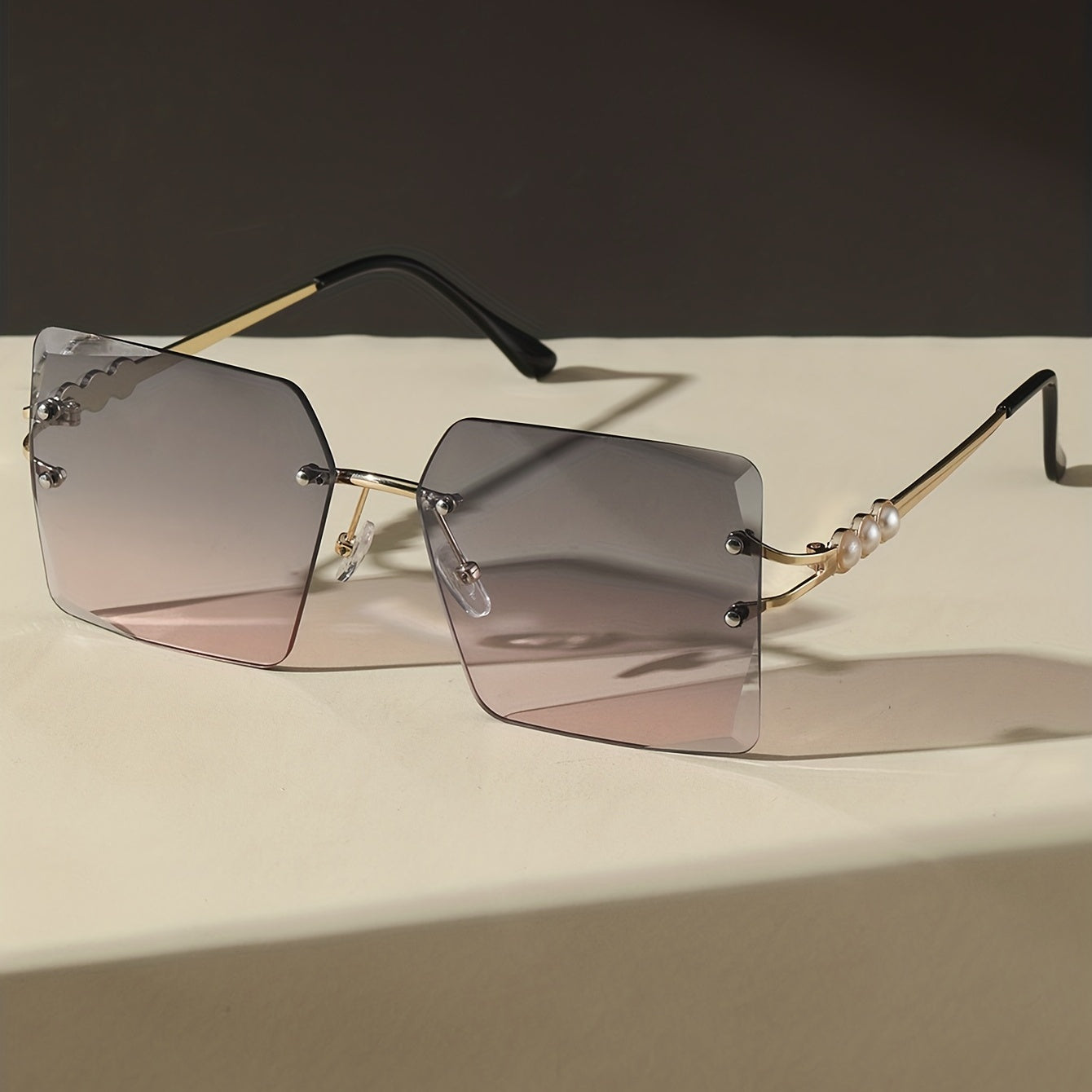 Oversized Rimless Sunglasses Summer Gradient Faux Pearl UV400 Sunnies