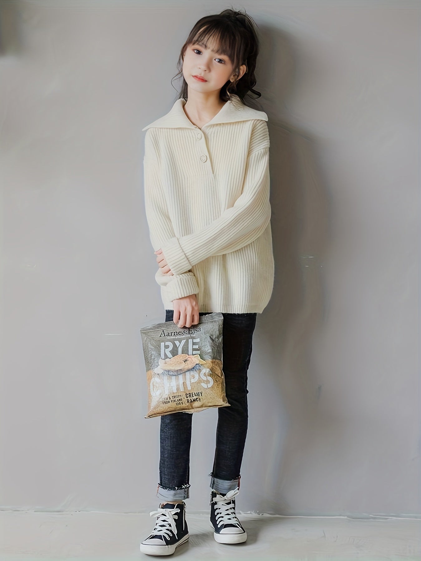 Girls Ribbed Knit Long Sleeve Collar Tops Casual Knitwear Kids Clothes