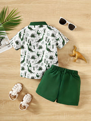 Cute Boys Dino Print Shirt Shorts Set