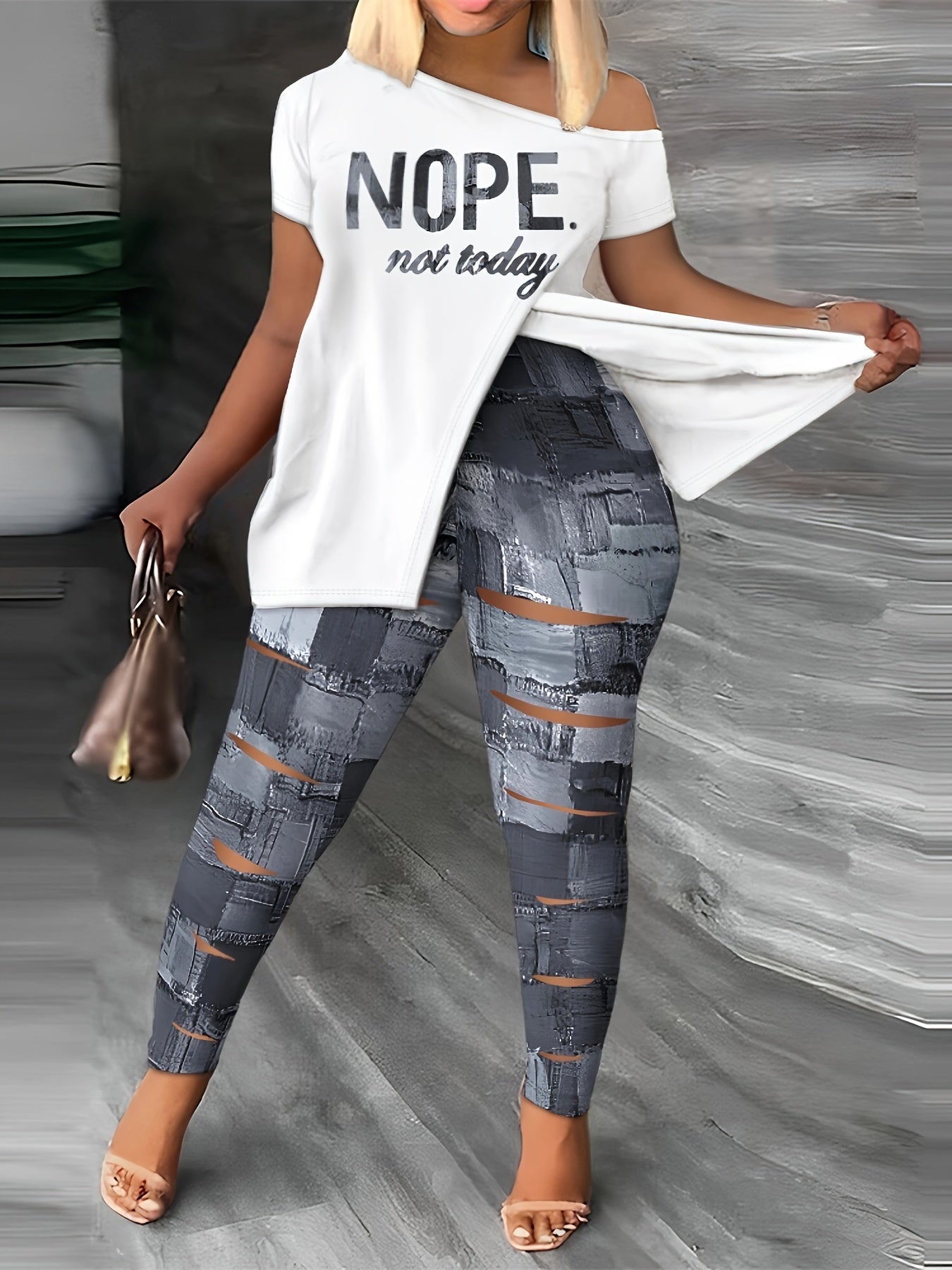 Denim Slogan Print One Shoulder Split Tee & Cut Out Leggings Set
