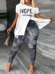 Denim Slogan Print One Shoulder Split Tee & Cut Out Leggings Set