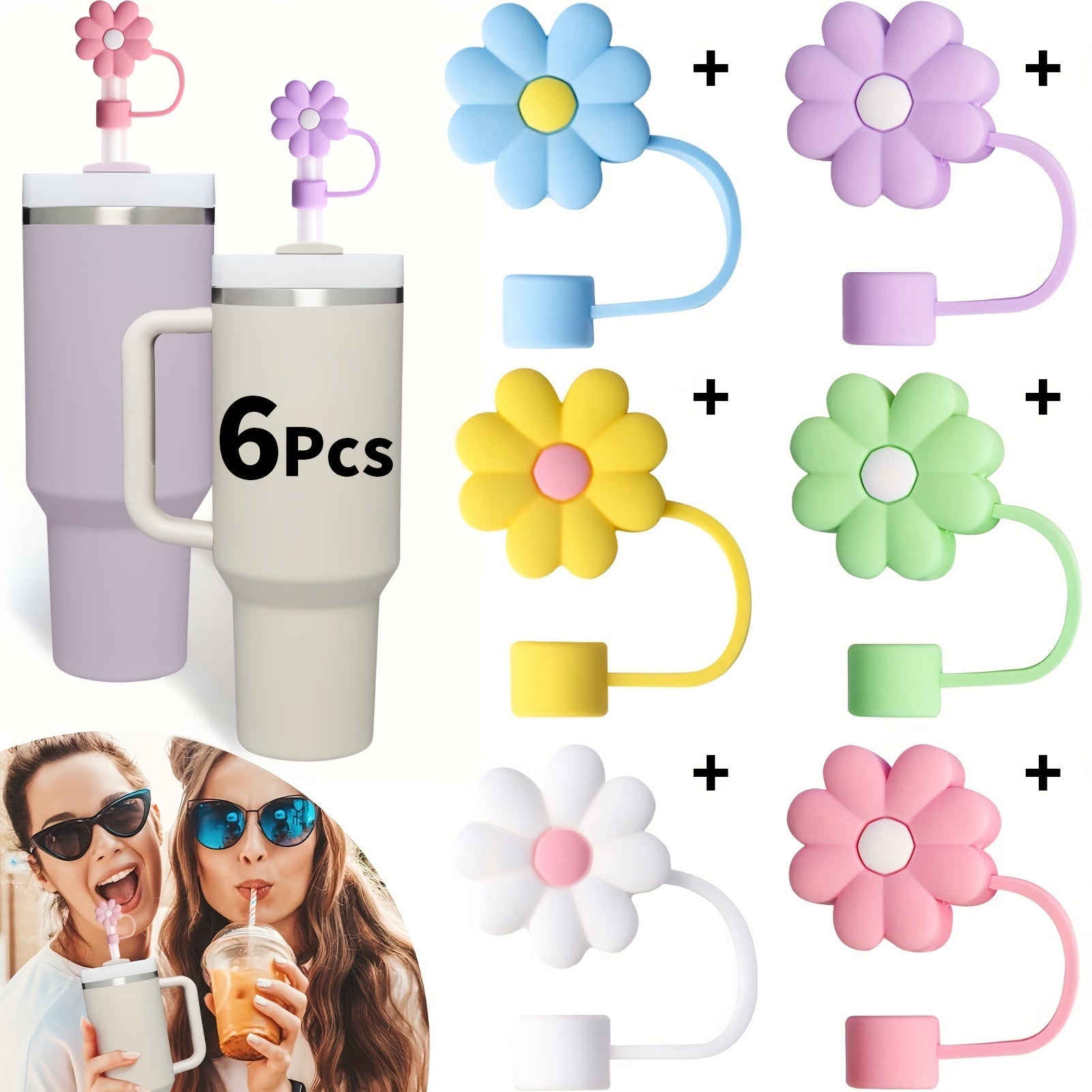6pcs Flowers Shaped Straw Tip Covers Silicone Soft Straw Plugs For 10mm Straws