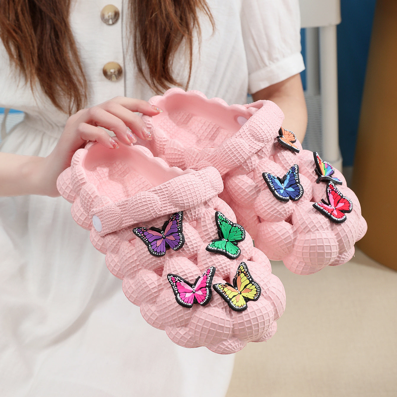 Butterfly Decor Bubble Massage Sandals Slip On Ankle Strap Shoes