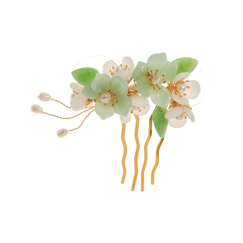 Green Glass Flower Leaves Crystal Faux Pearl Hair Comb Vintage Bridal Jewelry