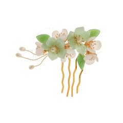 Green Glass Flower Leaves Crystal Faux Pearl Hair Comb Vintage Bridal Jewelry